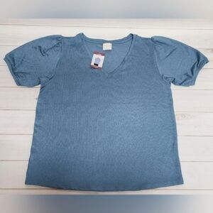 Mod Ref V Neck Short Puff Sleeve Knit Top in Blue XL - New With Tags